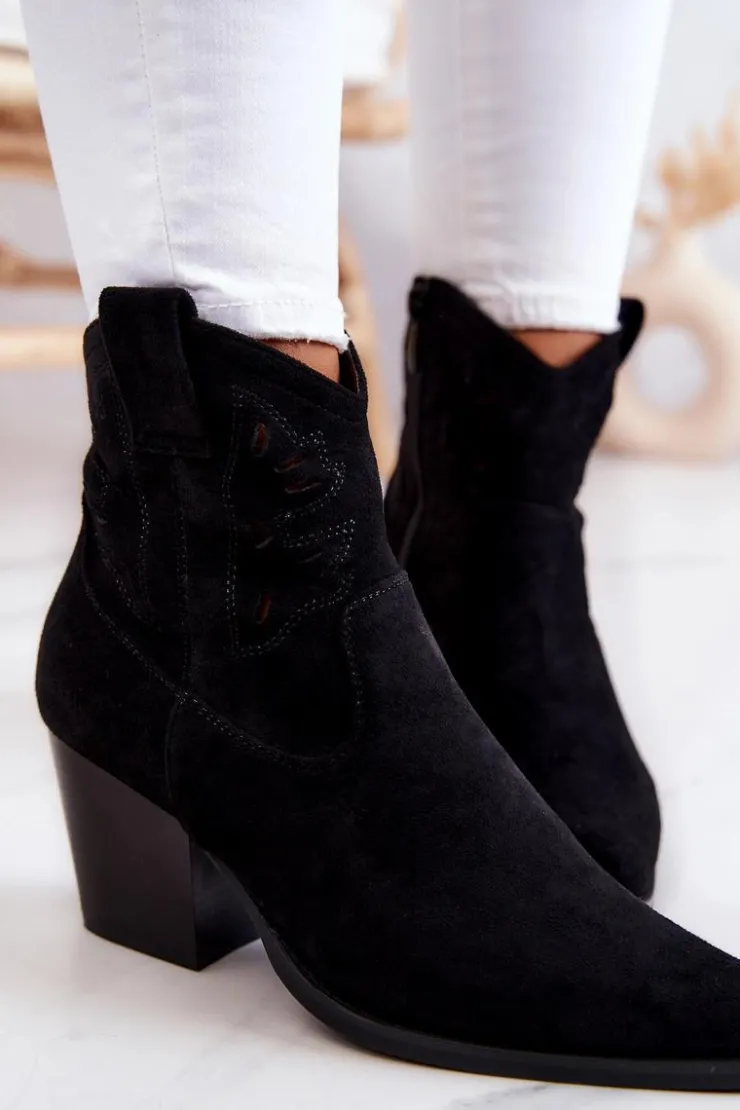 Outlet Damskie buty S.Barski Zamszowe Damskie Botki Kowbojki Czarne Devon