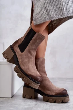 Damskie Boto Zamszowe Damskie Botki Na Platformie Beżowe Lemar Hilde