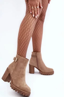 Discount Boto Zamszowe Damskie Botki Na Słupku Z Ozdobą Beżowe Menoria