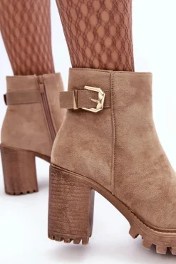 Discount Boto Zamszowe Damskie Botki Na Słupku Z Ozdobą Beżowe Menoria