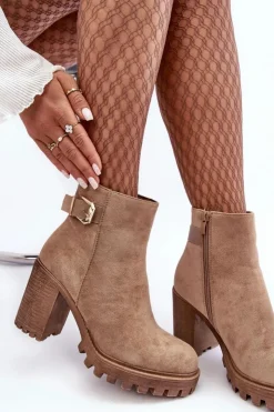Discount Boto Zamszowe Damskie Botki Na Słupku Z Ozdobą Beżowe Menoria