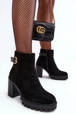 Boto Botki Ocieplane|Czarne Botki*Zamszowe Damskie Botki Na Słupku Z Ozdobą Czarne Menoria Czarny