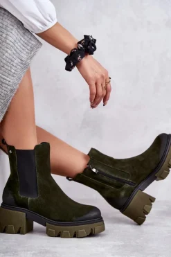 Boto Botki Skórzane|Czarne Botki*Zamszowe Damskie Botki Na Platformie Khaki Lemar Hilde