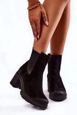 Boto Botki Ocieplane|Botki Skórzane*Zamszowe Damskie Botki Na Platformie Czarne Lemar Martine Czarny
