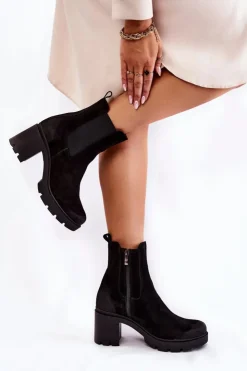 Boto Botki Ocieplane|Botki Skórzane*Zamszowe Damskie Botki Na Platformie Czarne Lemar Martine Czarny