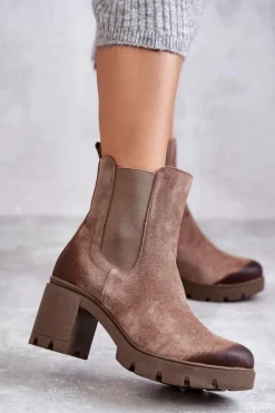 Boto Botki Ocieplane|Botki Skórzane*Zamszowe Damskie Botki Na Platformie Beżowe Lemar Martine Beżowy