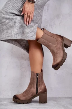 Boto Botki Ocieplane|Botki Skórzane*Zamszowe Damskie Botki Na Platformie Beżowe Lemar Martine Beżowy