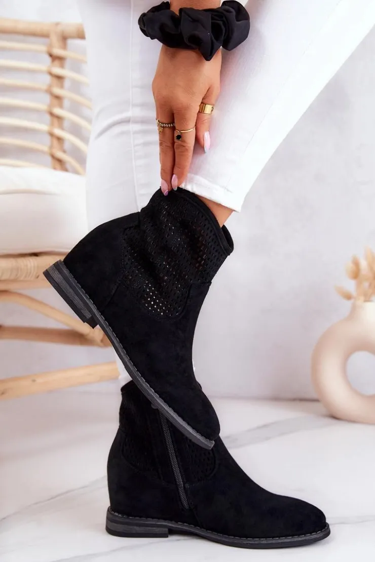 Damskie buty S.Barski Botki Wiosenne|Botki Na Koturnie*Zamszowe Damskie Botki Ukryty Koturn Czarne Solene