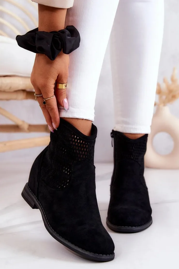 Damskie buty S.Barski Botki Wiosenne|Botki Na Koturnie*Zamszowe Damskie Botki Ukryty Koturn Czarne Solene