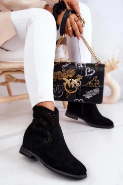 Damskie buty S.Barski Botki Wiosenne|Botki Na Koturnie*Zamszowe Damskie Botki Ukryty Koturn Czarne Solene