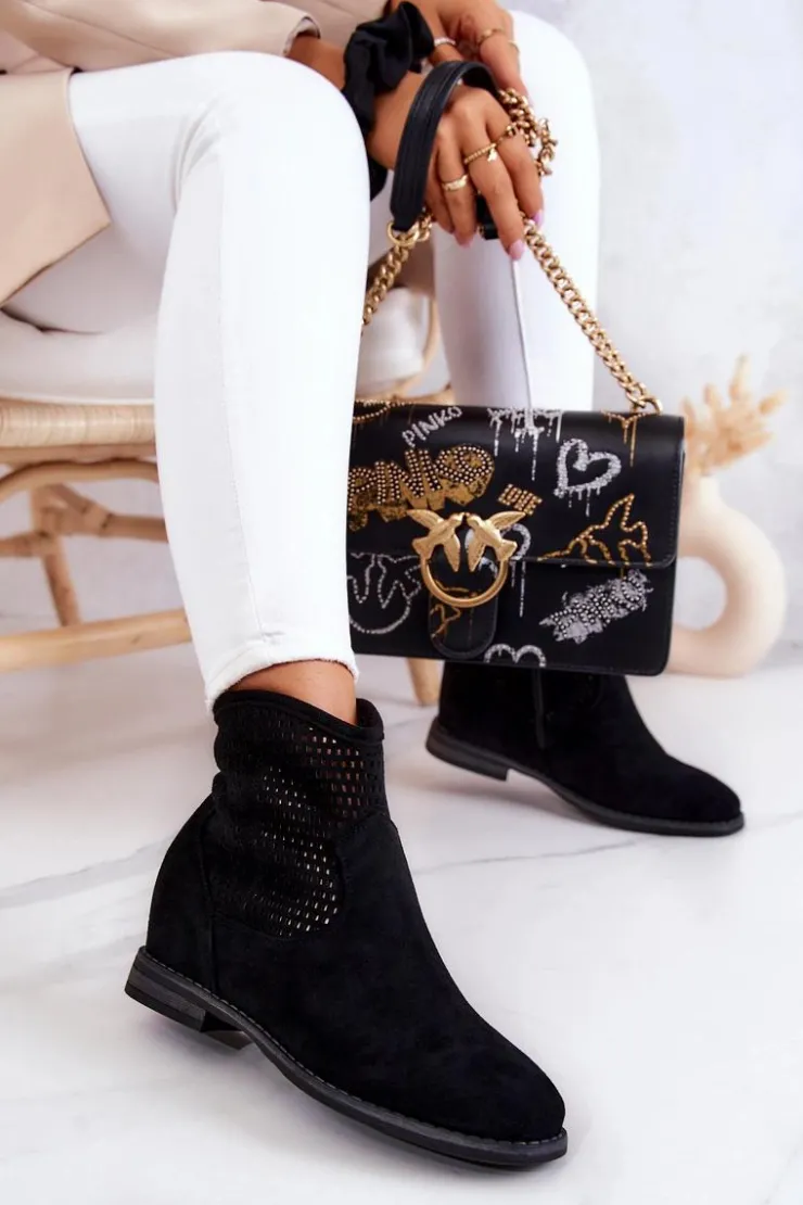 Damskie buty S.Barski Botki Wiosenne|Botki Na Koturnie*Zamszowe Damskie Botki Ukryty Koturn Czarne Solene