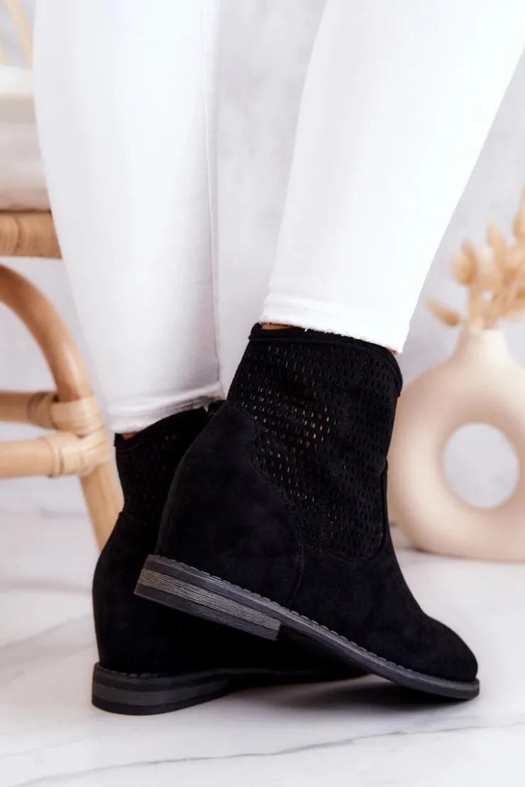 Damskie buty S.Barski Botki Wiosenne|Botki Na Koturnie*Zamszowe Damskie Botki Ukryty Koturn Czarne Solene