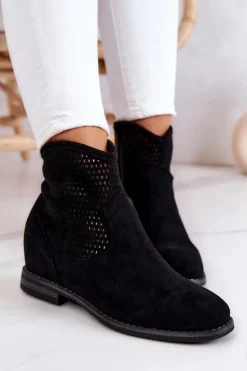 Damskie buty S.Barski Botki Wiosenne|Botki Na Koturnie*Zamszowe Damskie Botki Ukryty Koturn Czarne Solene