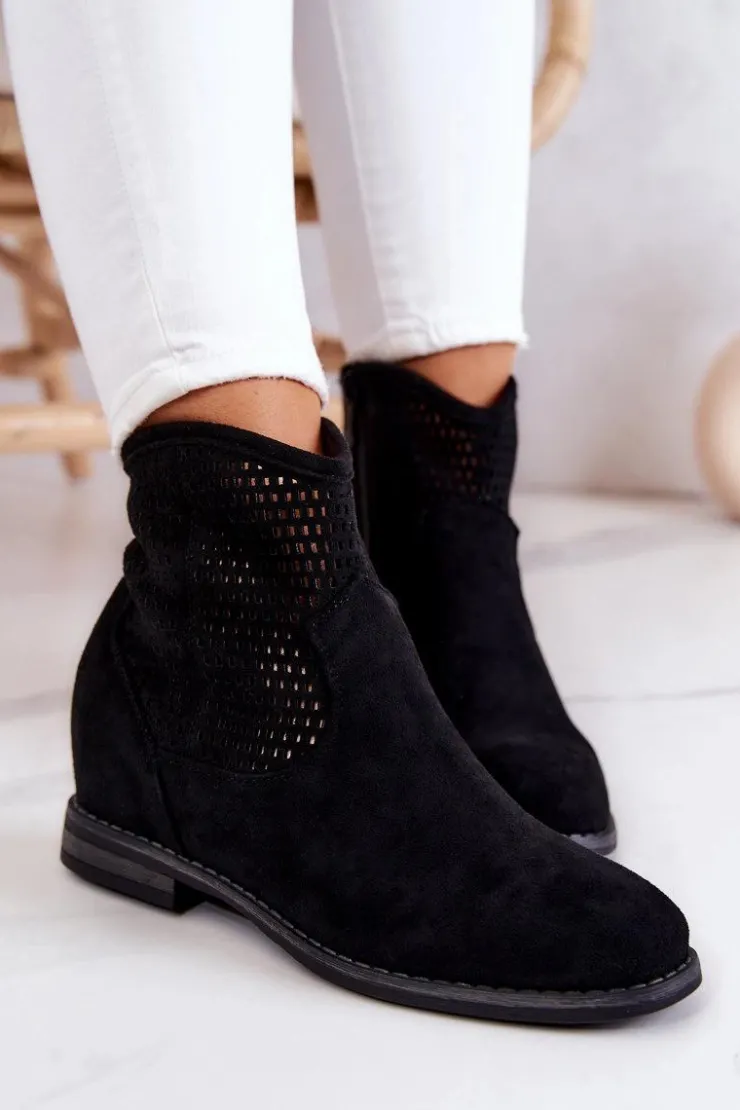 Damskie buty S.Barski Botki Wiosenne|Botki Na Koturnie*Zamszowe Damskie Botki Ukryty Koturn Czarne Solene