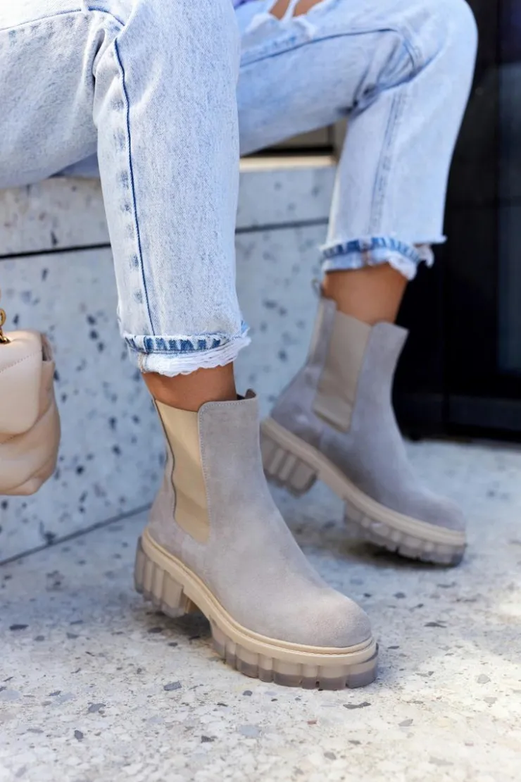 Boto Botki Wiosenne|Brązowe I Beżowe Botki*Zamszowe Damskie Botki Workery Jasnoszare Kennel