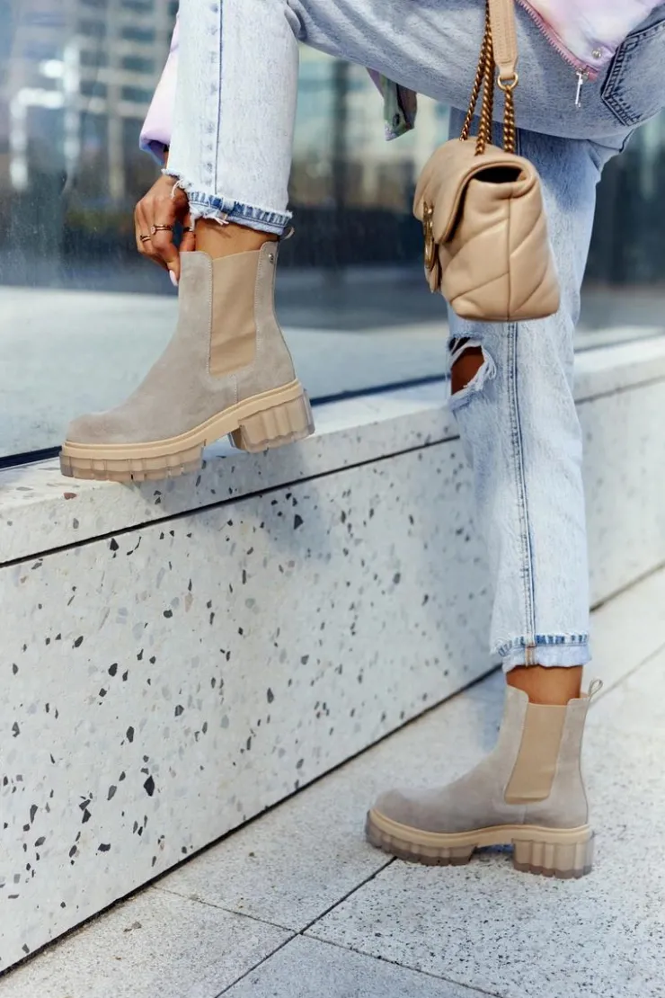 Boto Botki Wiosenne|Brązowe I Beżowe Botki*Zamszowe Damskie Botki Workery Jasnoszare Kennel