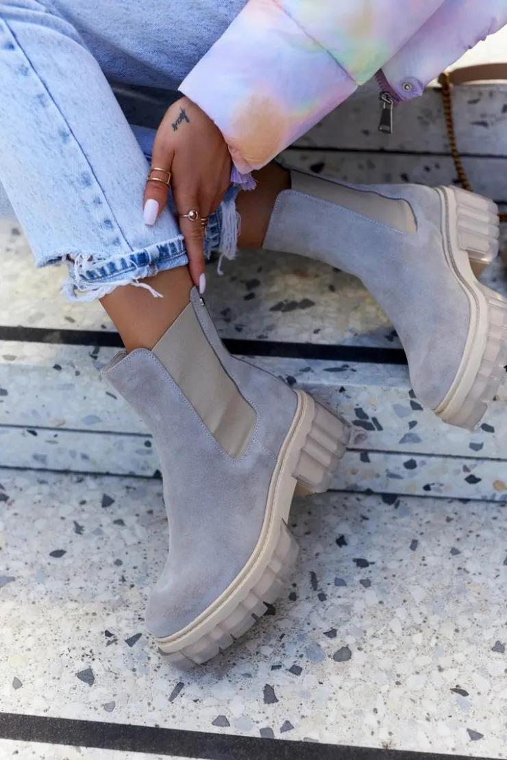 Boto Botki Wiosenne|Brązowe I Beżowe Botki*Zamszowe Damskie Botki Workery Jasnoszare Kennel