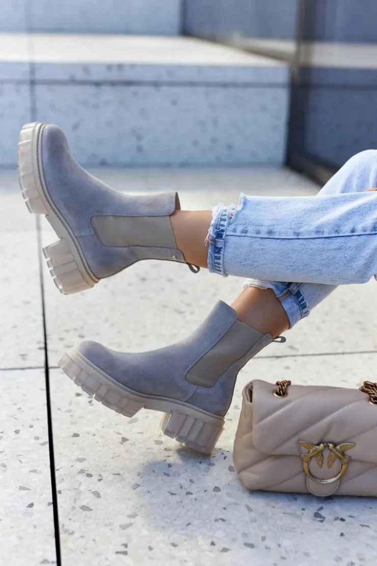 Boto Botki Wiosenne|Brązowe I Beżowe Botki*Zamszowe Damskie Botki Workery Jasnoszare Kennel