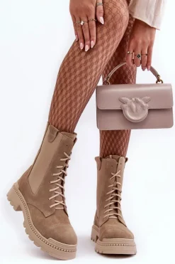 New Boto Zamszowe Damskie Botki Workery Sznurowane Beżowe Nicole 2836 Beżowy