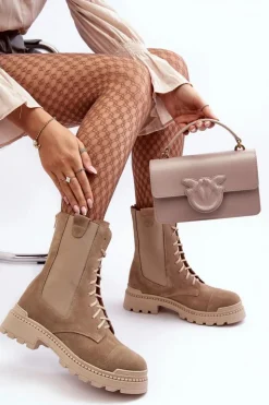 New Boto Zamszowe Damskie Botki Workery Sznurowane Beżowe Nicole 2836 Beżowy