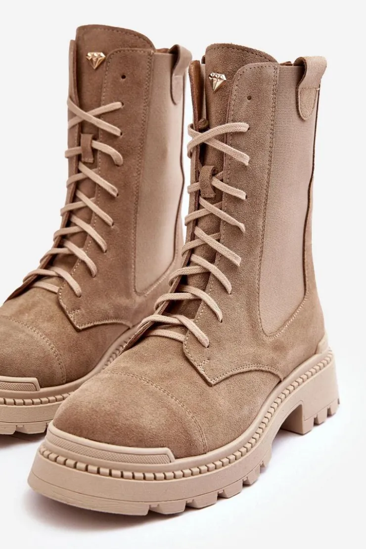 New Boto Zamszowe Damskie Botki Workery Sznurowane Beżowe Nicole 2836 Beżowy