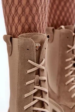 New Boto Zamszowe Damskie Botki Workery Sznurowane Beżowe Nicole 2836 Beżowy