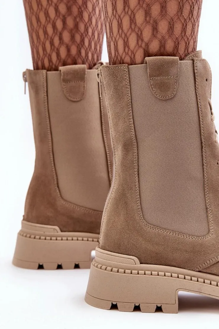 New Boto Zamszowe Damskie Botki Workery Sznurowane Beżowe Nicole 2836 Beżowy