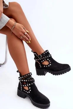 Boto Botki Wiosenne|Czarne Botki*Zamszowe Damskie Botki Z Ozdobnymi Ćwiekami Czarne Bella