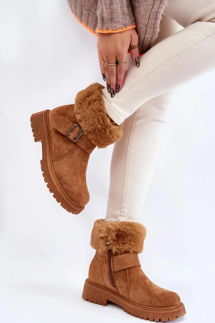 Discount Boto Zamszowe Damskie Botki Z Futerkiem Na Suwak Camel Conquer