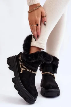 New Boto Zamszowe Damskie Botki Z Ozdobnym Łańcuchem Czarne Respecto