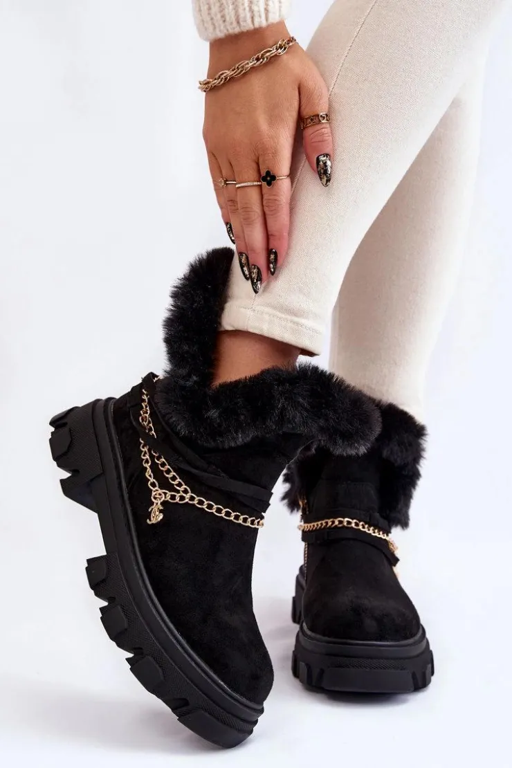 New Boto Zamszowe Damskie Botki Z Ozdobnym Łańcuchem Czarne Respecto