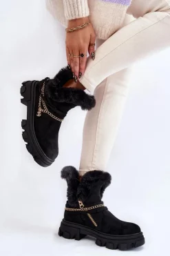 New Boto Zamszowe Damskie Botki Z Ozdobnym Łańcuchem Czarne Respecto