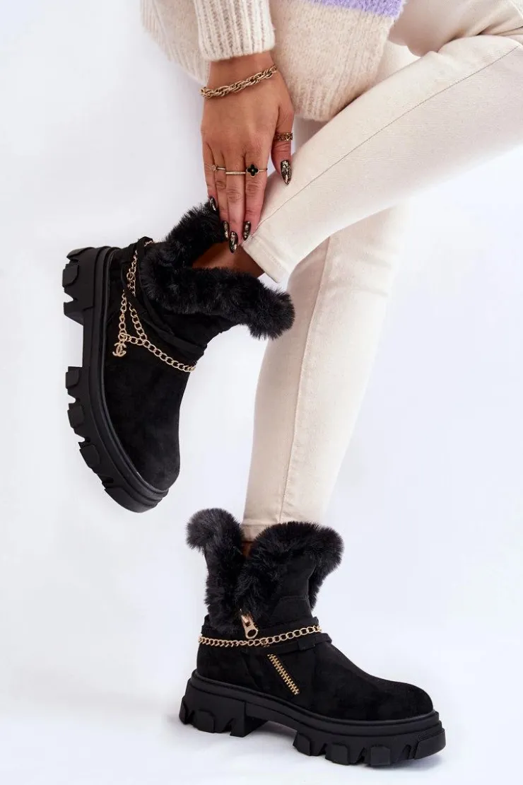 New Boto Zamszowe Damskie Botki Z Ozdobnym Łańcuchem Czarne Respecto