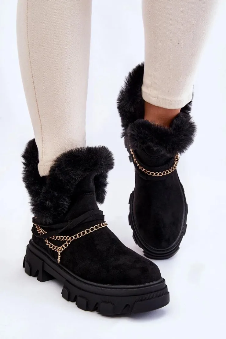 New Boto Zamszowe Damskie Botki Z Ozdobnym Łańcuchem Czarne Respecto