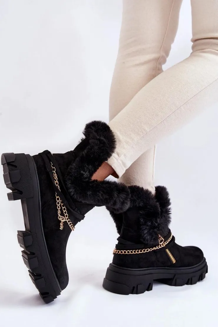 New Boto Zamszowe Damskie Botki Z Ozdobnym Łańcuchem Czarne Respecto