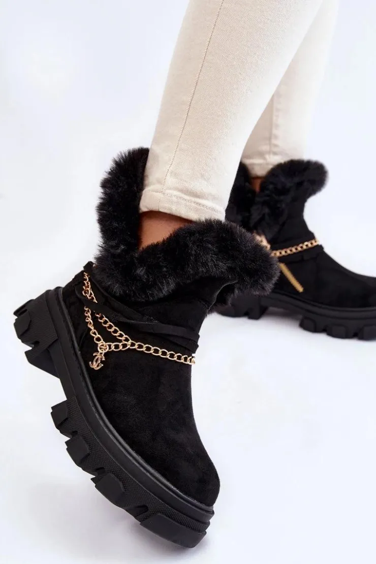 New Boto Zamszowe Damskie Botki Z Ozdobnym Łańcuchem Czarne Respecto