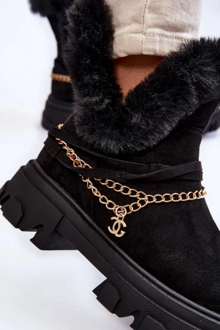 New Boto Zamszowe Damskie Botki Z Ozdobnym Łańcuchem Czarne Respecto