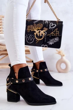 Boto Botki Wiosenne|Botki Na Słupku*Zamszowe Damskie Botki Z Łańcuszkami Czarne Tracy