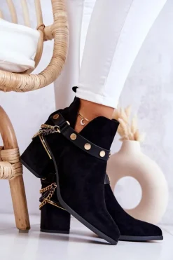 Boto Botki Wiosenne|Botki Na Słupku*Zamszowe Damskie Botki Z Łańcuszkami Czarne Tracy