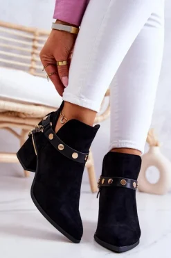 Boto Botki Wiosenne|Botki Na Słupku*Zamszowe Damskie Botki Z Łańcuszkami Czarne Tracy
