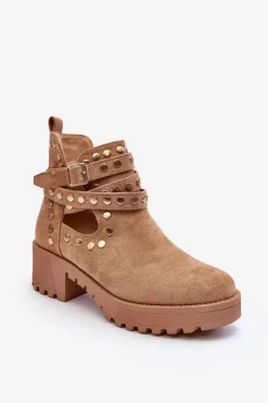 Damskie Boto Zamszowe Damskie Botki Z Ozdobnymi Ćwiekami Beżowe Bella