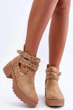 Damskie Boto Zamszowe Damskie Botki Z Ozdobnymi Ćwiekami Beżowe Bella