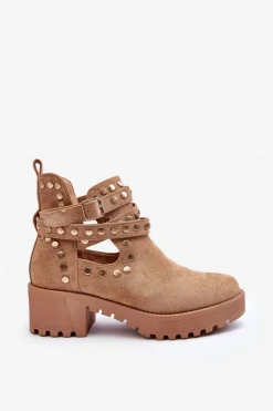 Damskie Boto Zamszowe Damskie Botki Z Ozdobnymi Ćwiekami Beżowe Bella