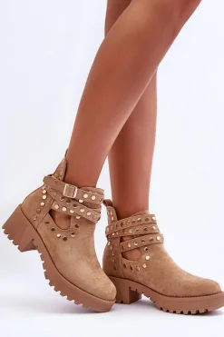 Damskie Boto Zamszowe Damskie Botki Z Ozdobnymi Ćwiekami Beżowe Bella