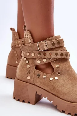 Damskie Boto Zamszowe Damskie Botki Z Ozdobnymi Ćwiekami Beżowe Bella