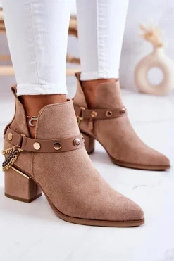 Discount Boto Zamszowe Damskie Botki Z Łańcuszkami Ciemnobeżowe Tracy