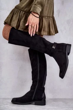 Clearance Buty damskie Vinceza Zamszowe Damskie Kozaki Na Płaskim Obcasie Czarne Henrike