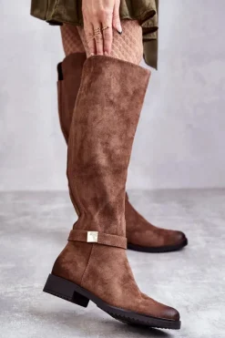 Buty damskie Vinceza Kozaki Przed Kolano|Kozaki Zamszowe*Zamszowe Damskie Kozaki Na Płaskim Obcasie Brązowe Henrike