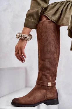 Buty damskie Vinceza Kozaki Przed Kolano|Kozaki Zamszowe*Zamszowe Damskie Kozaki Na Płaskim Obcasie Brązowe Henrike