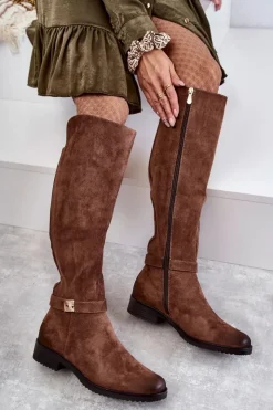 Buty damskie Vinceza Kozaki Przed Kolano|Kozaki Zamszowe*Zamszowe Damskie Kozaki Na Płaskim Obcasie Brązowe Henrike